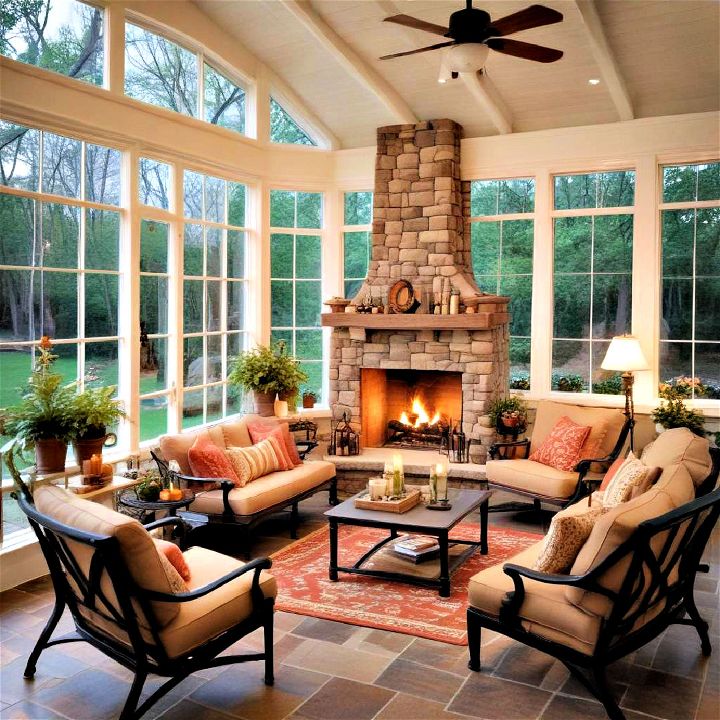 sunroom with a cozy fireplace