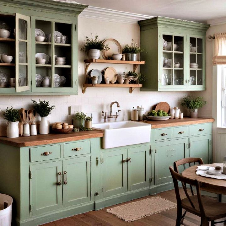 thyme green shabby chic cabinets kitchen