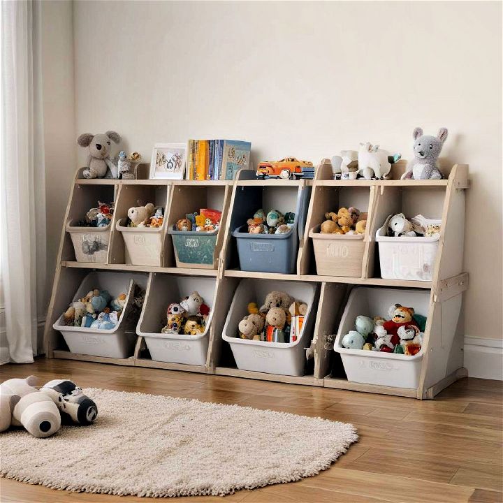 tilted toy bins for playroom