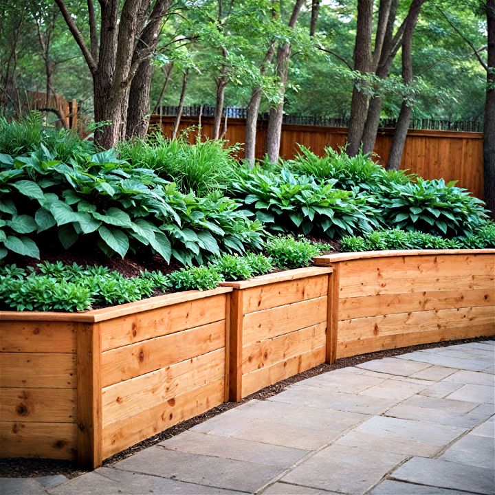 timber retaining wall to bring warmth to a sloped backyard