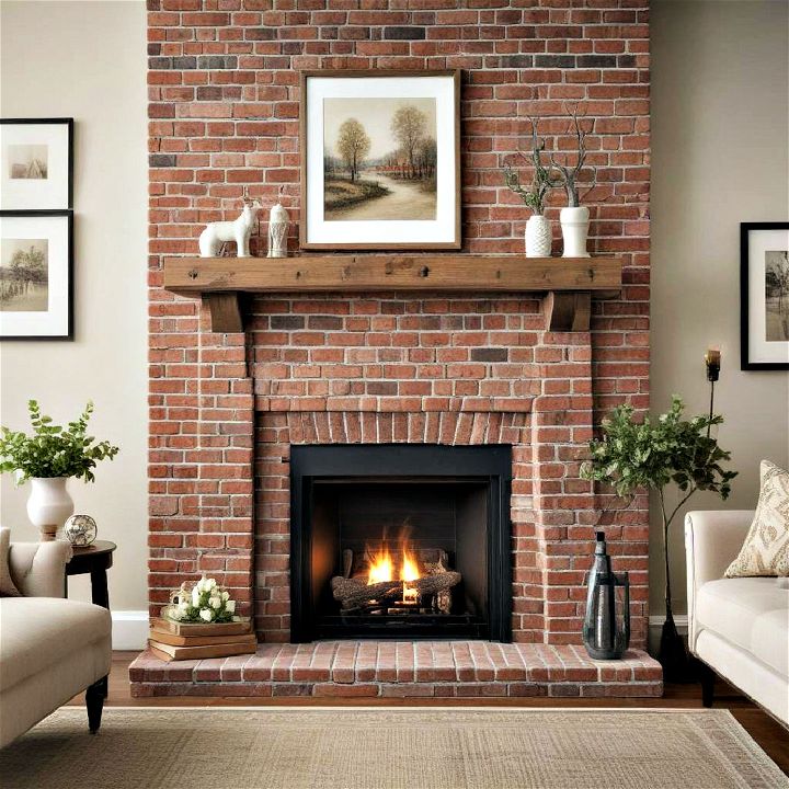 timeless charm with a faux brick fireplace