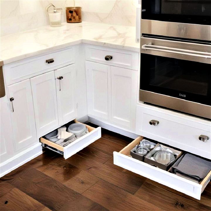 toe kick drawers to make use of the recessed kitchen space