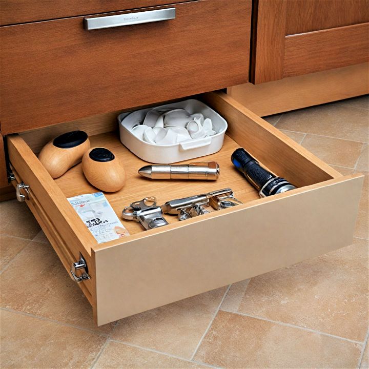 toe kick storage for storing flat or rarely used items