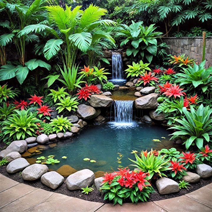 tropical paradise pond with a lush waterfall