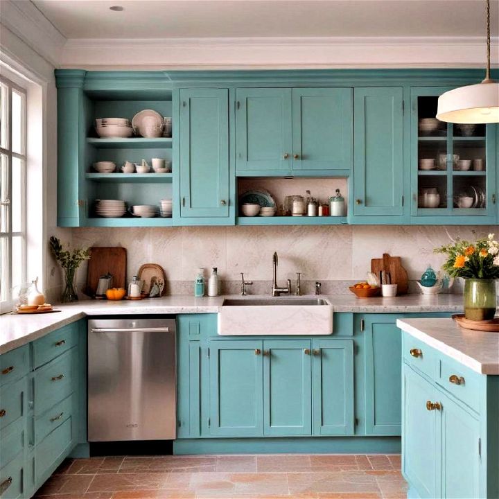 turquoise color cabinets to brighten up your kitchen