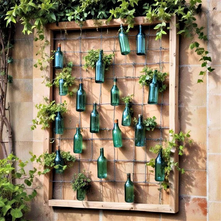 unconventional glass bottle trellis for garden