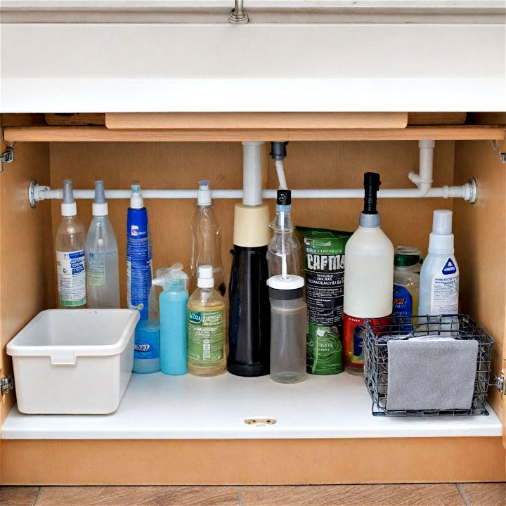 under the sink tension rod to free up valuable kitchen cabinet space