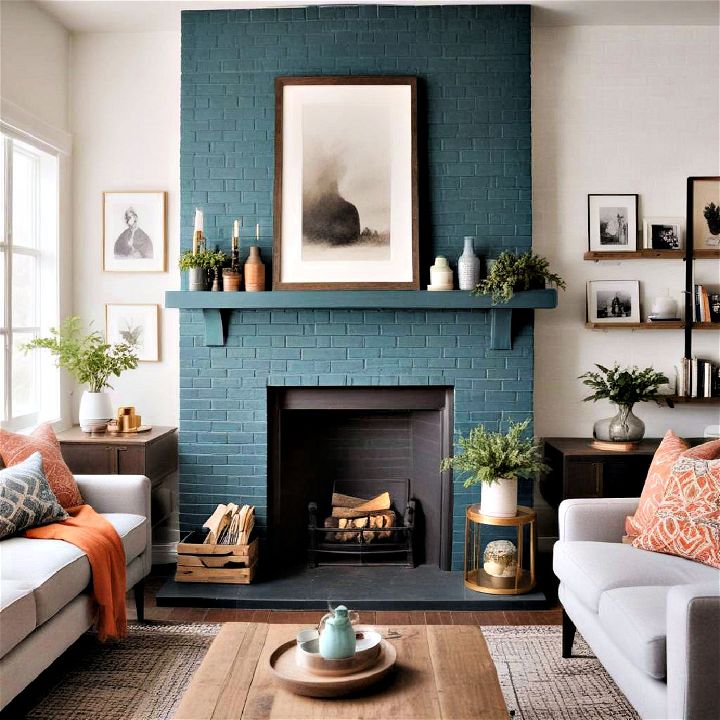 unique dark teal painted brick fireplace