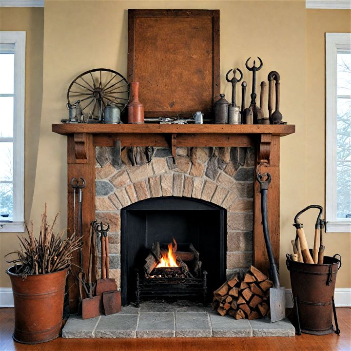 unique fireplace decor with vintage tools display