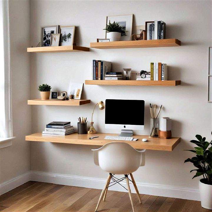 unique floating shelves with integrated desk