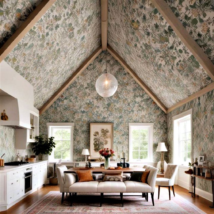 unique vaulted ceiling with wallpaper