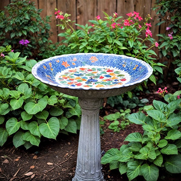 upcycle old dishes or a shallow bowl as a diy birdbath