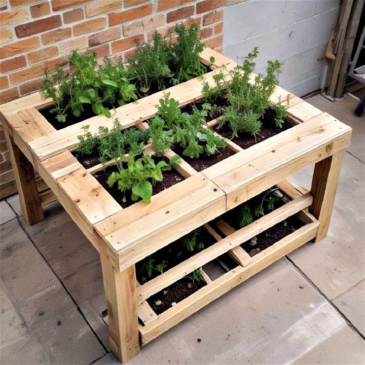 old pallet table with herb inserts