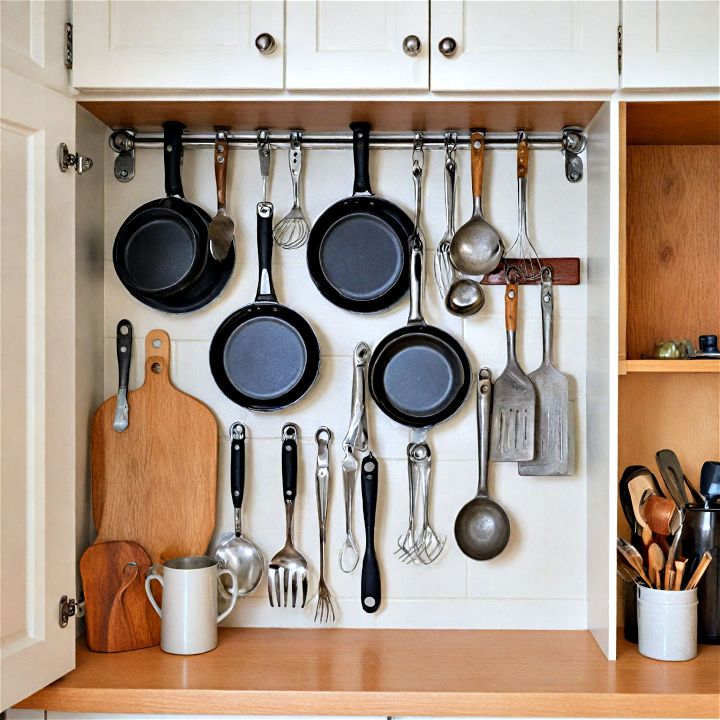 use adhesive hooks for hanging kitchen tools pots pans