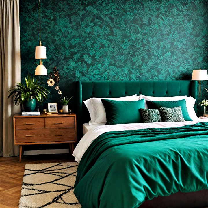 use an eclectic emerald green mix in bedroom to break the monotony