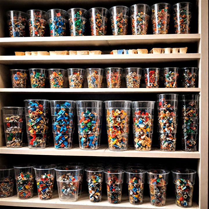use clear plastic cups to sort lego