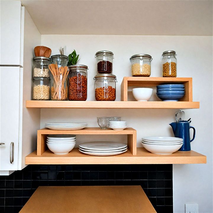 use shelf risers in small kitchen to minimize clutter