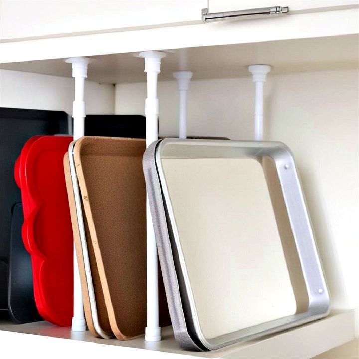 use tension rods inside a kitchen cabinet for tray storage