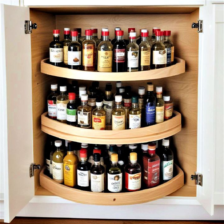 use turntable organizers in a kitchen cabinet for oils and vinegar