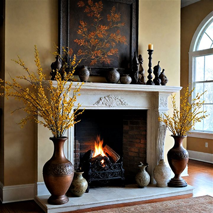 vases sculptures to adds an artistic touch to the fireplace