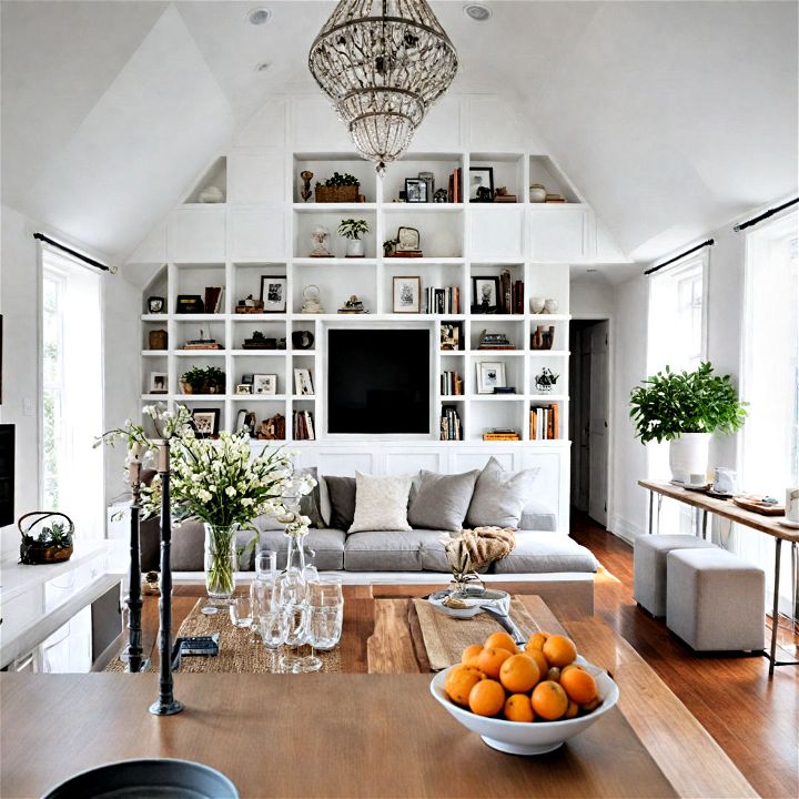 vaulted ceiling with stylish floating shelves