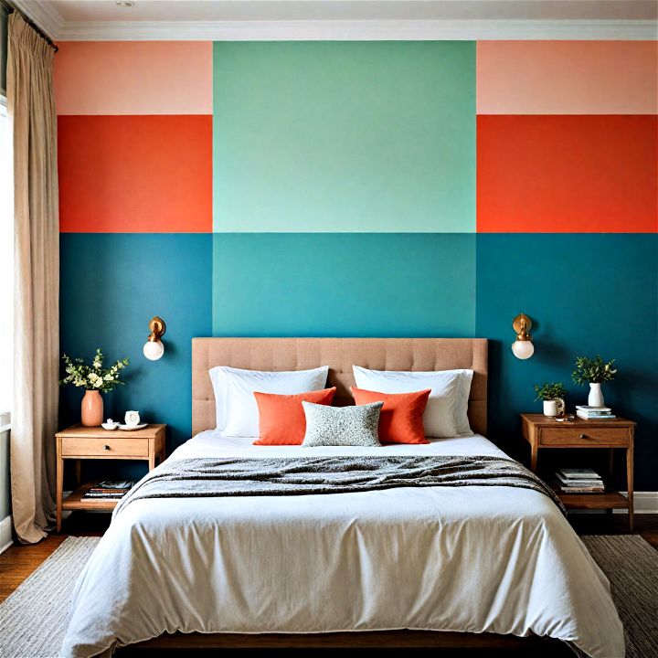 vibrant color blocked bedroom wall