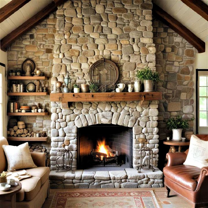 vintage cottage stone fireplace
