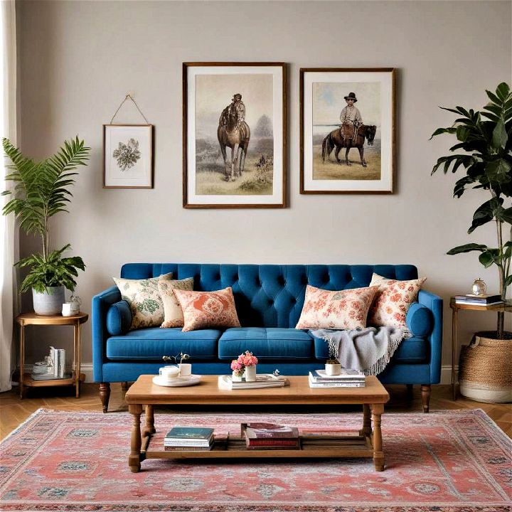 vintage feel into your living room with a blue couch
