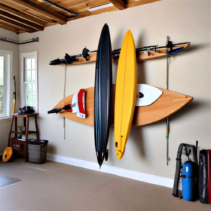 wall mounted racks designed for surfboards and kayaks