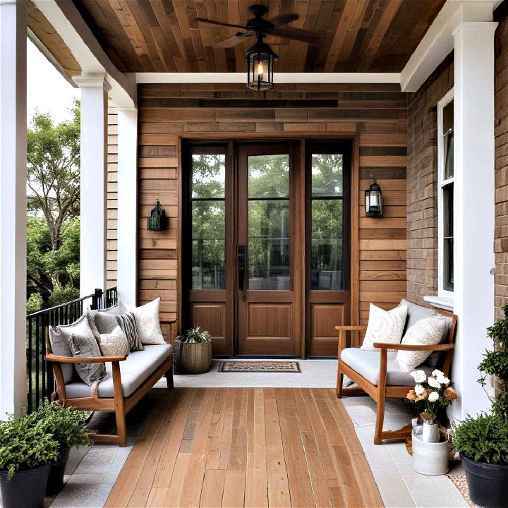 warm wood tones to create a cozy inviting porch atmosphere