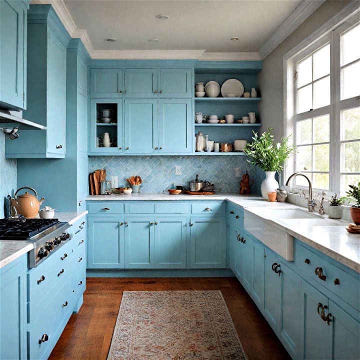 welcoming and stylish powder blue kitchen cabinets