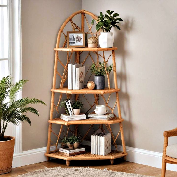 wicker corner standing shelf for cozy atmosphere