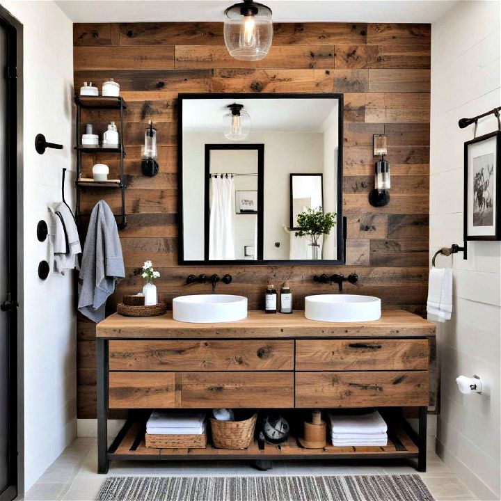 wood and metal combination bathroom 