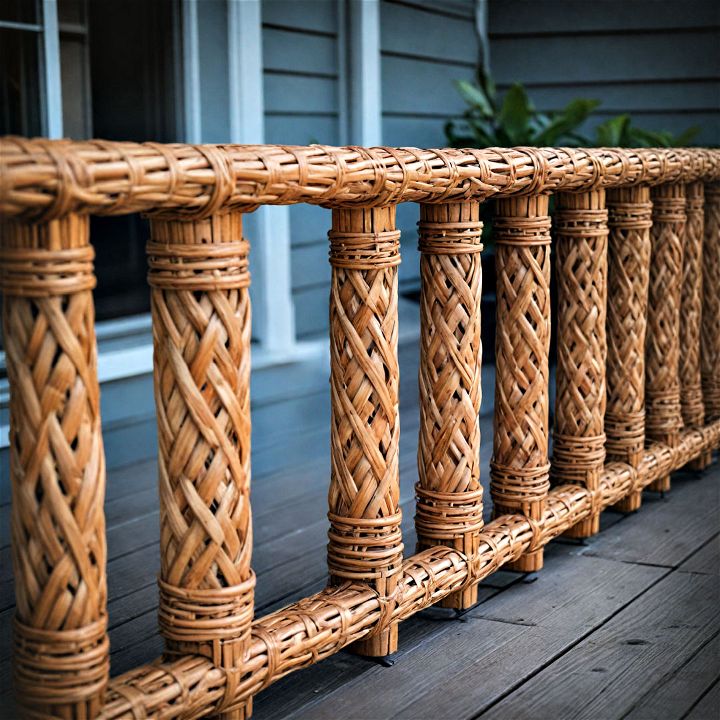 woven rattan or wicker porch railing to tropical elegance