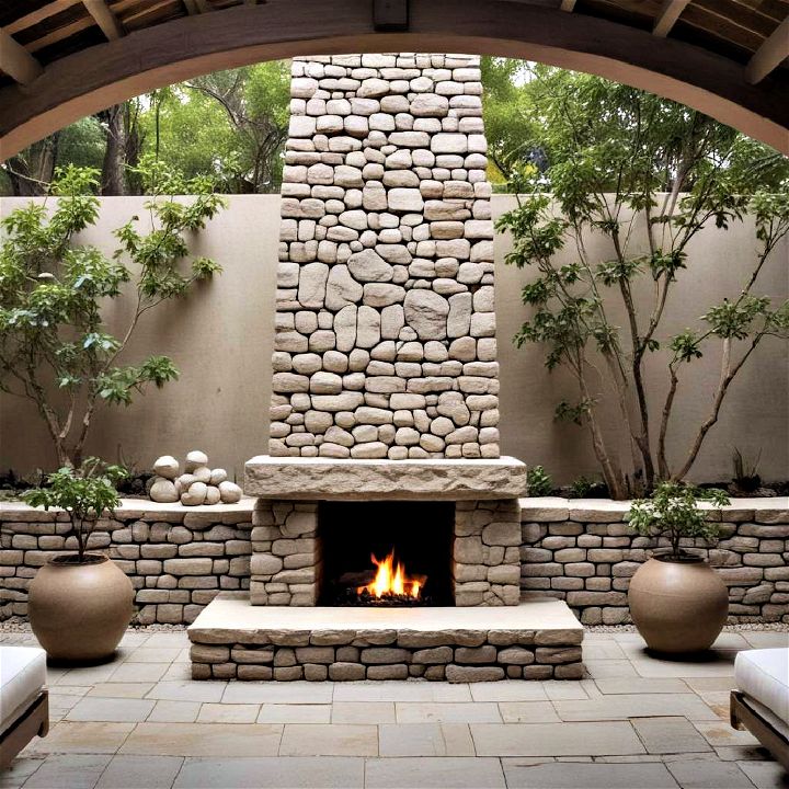 zen courtyard stone fireplace