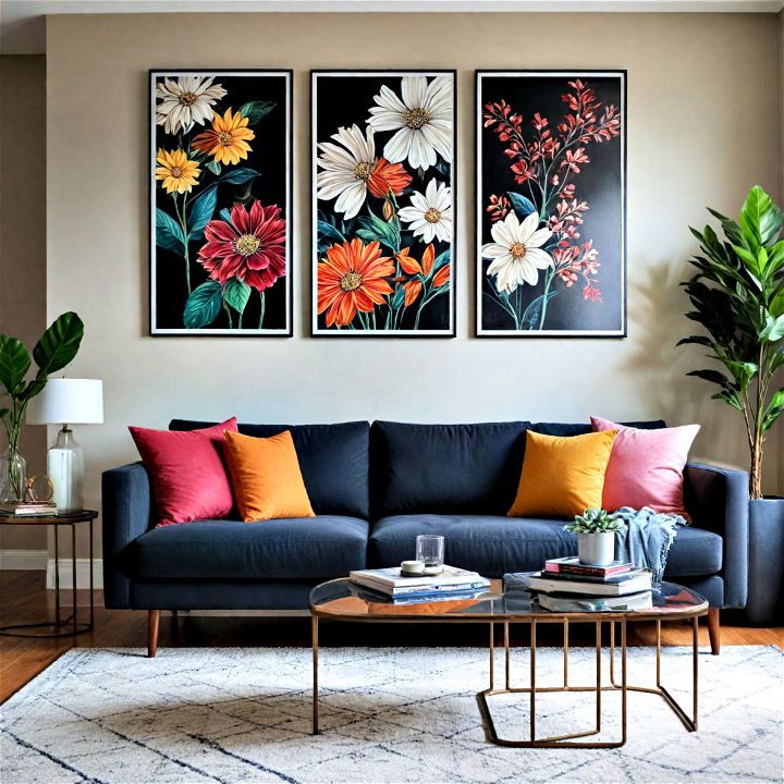 add bold wall art behind your black couch
