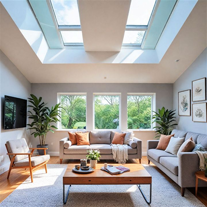 airy living room with a skylight