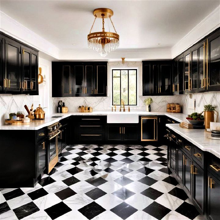art deco kitchen with black cabinets