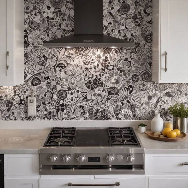 artistic backsplash for black and white kitchen
