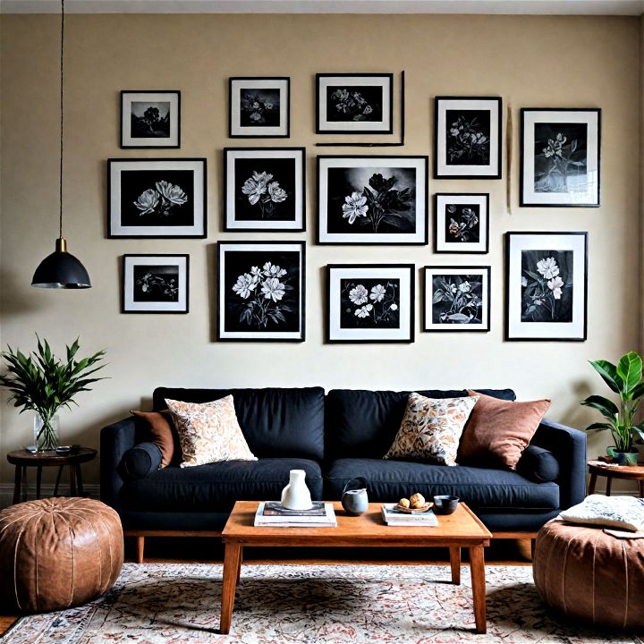 artistic living room with black couches