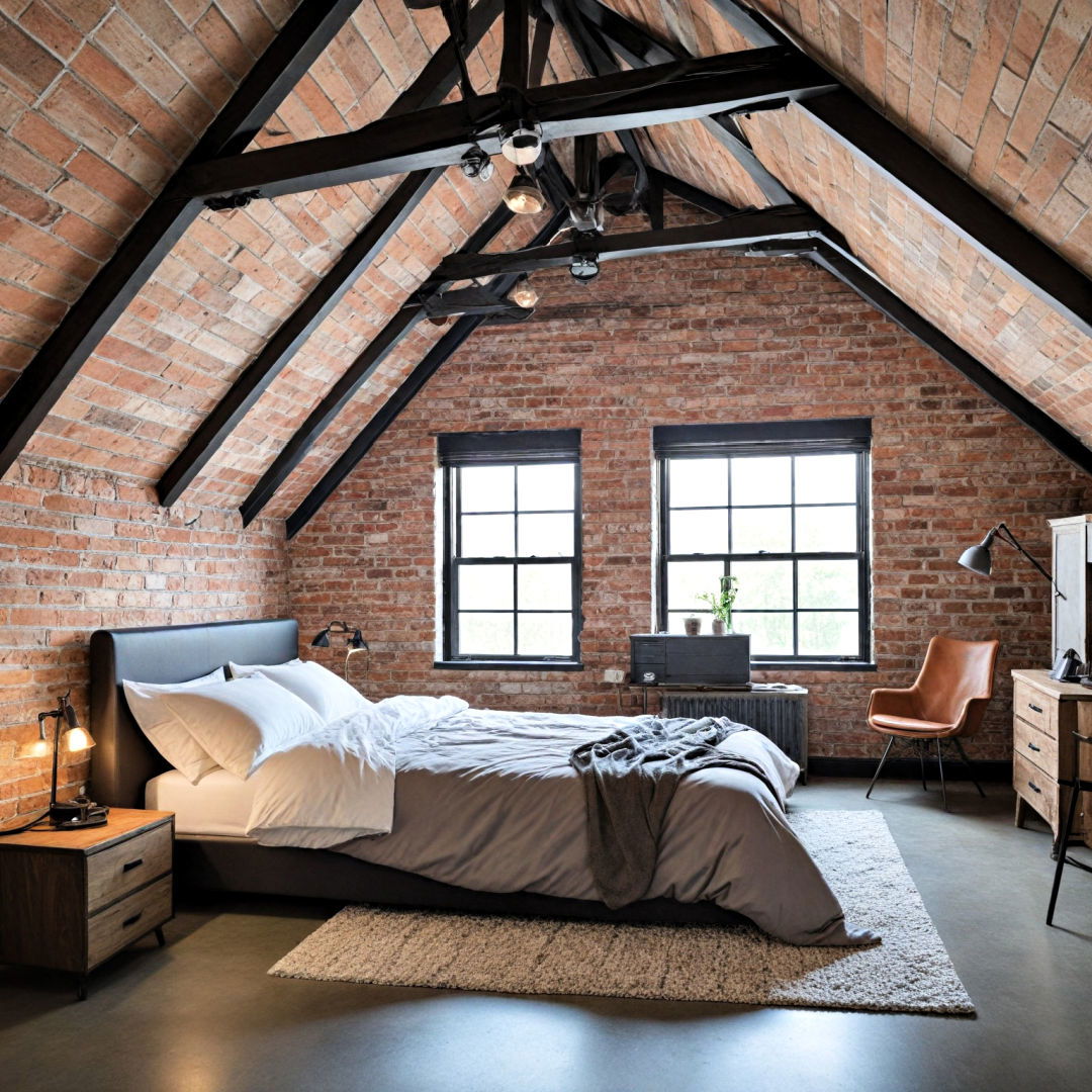 attic bedroom with an industrial chic aesthetic