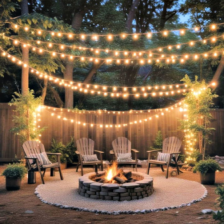 backyard fire pit with string lights