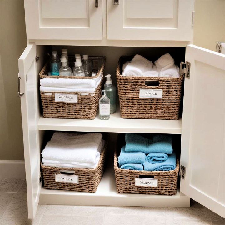 baskets and bins for bathroom cabinet organizing
