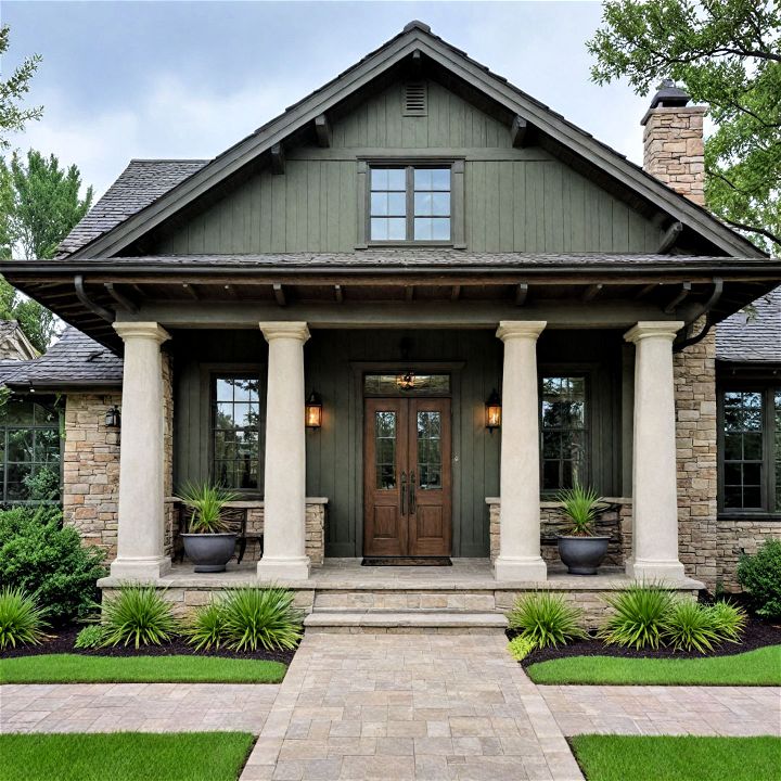 beautiful dark olive green and stone house