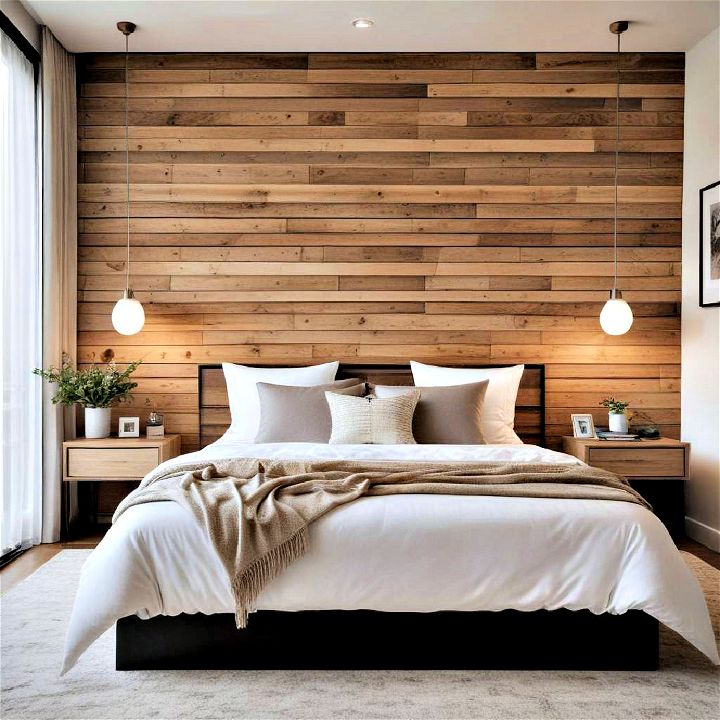 bedroom headboard wood slat wall idea