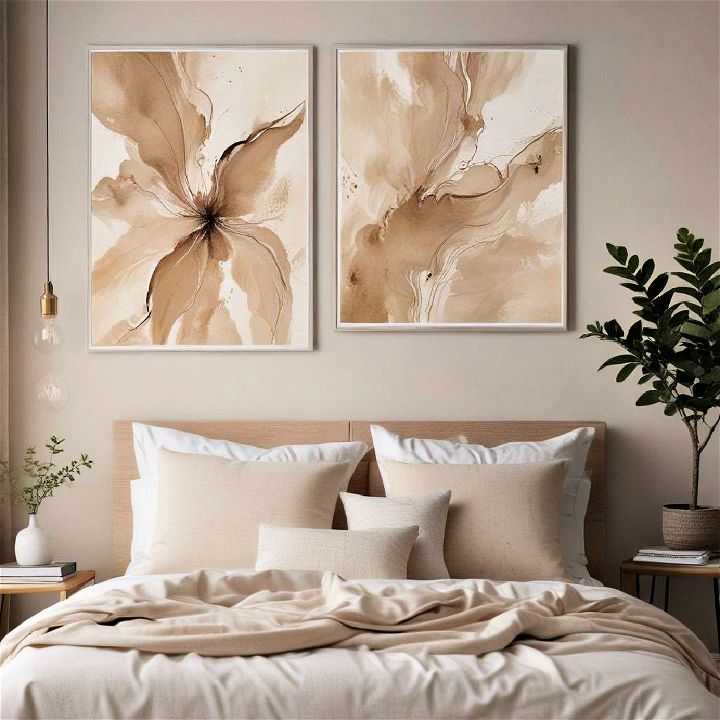 bedroom wall with artistic beige prints