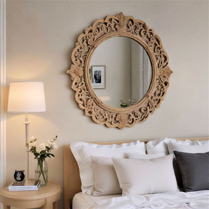 bedroom with decorative beige framed mirrors