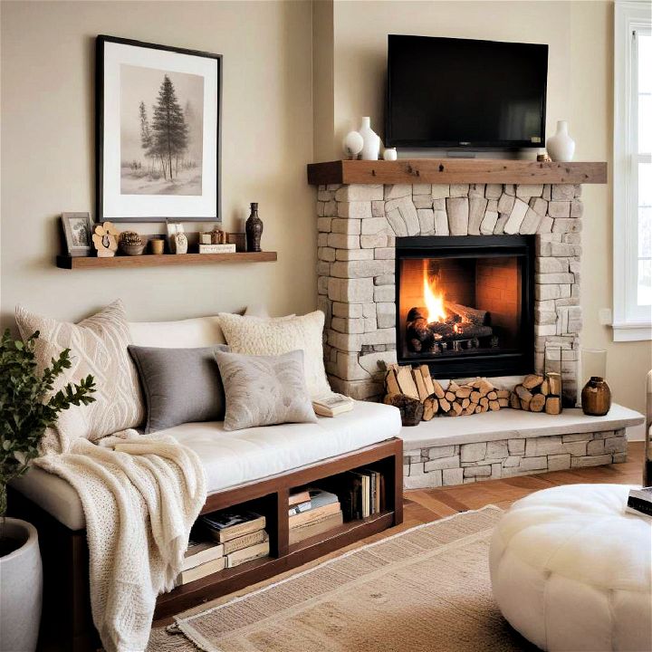 bench by the fireplace reading nook