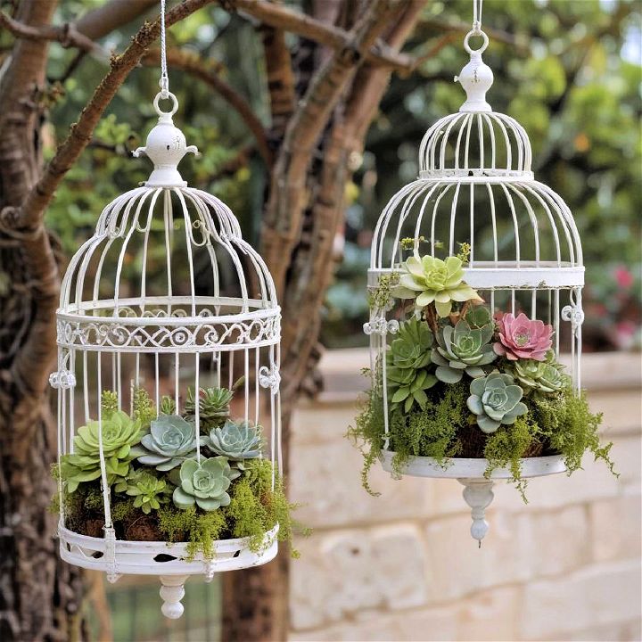 birdcages into whimsical succulent containers