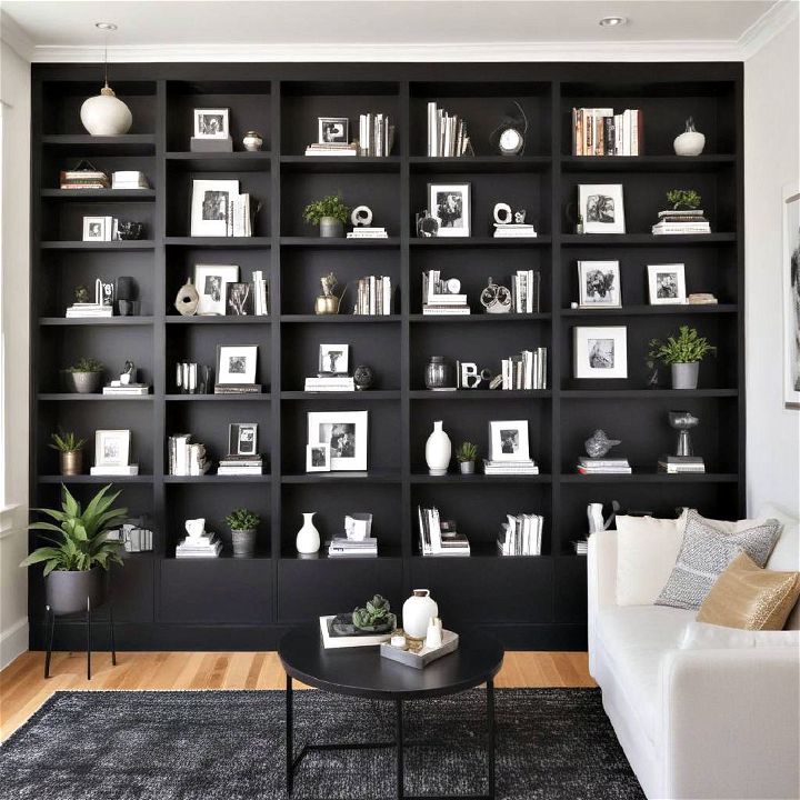 black accent wall with built in shelving units